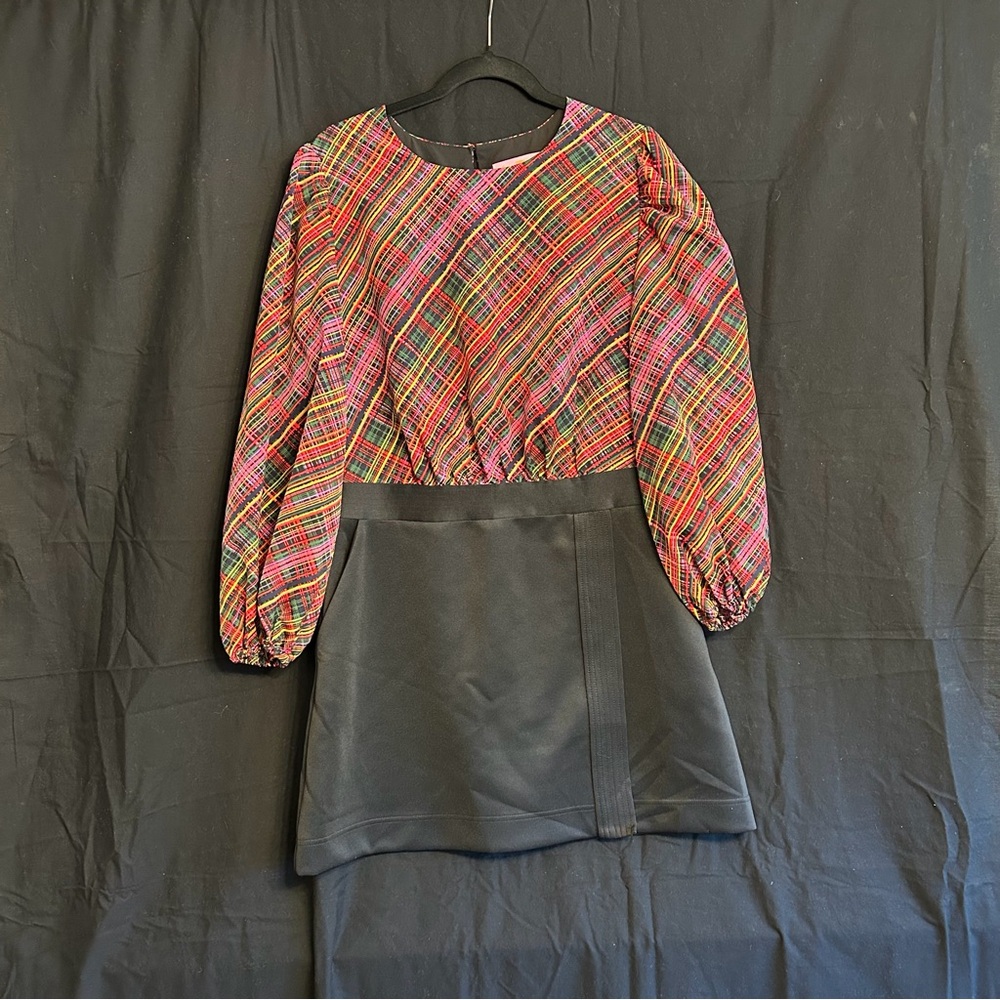 NWT LDT Ivonne Plaid Crew Neck 3/4 Puff Sleeve Dress Black - Picture 9 of 9